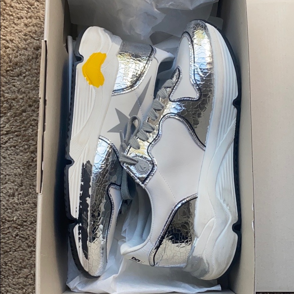 Golden Goose White and Silver Sneakers